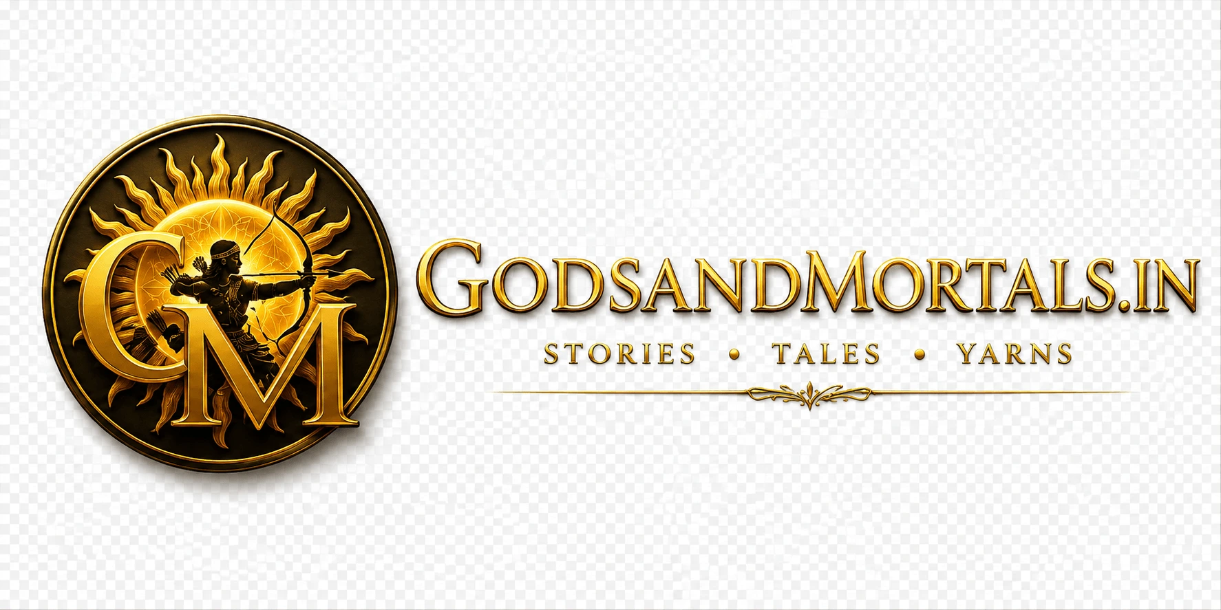 A golden circular emblem featuring the letters GM and the silhouette of a mythological archer drawing a bow against a radiant sun, next to the golden text godsandmortals.in and the tagline Stories, Tales, Yarns.