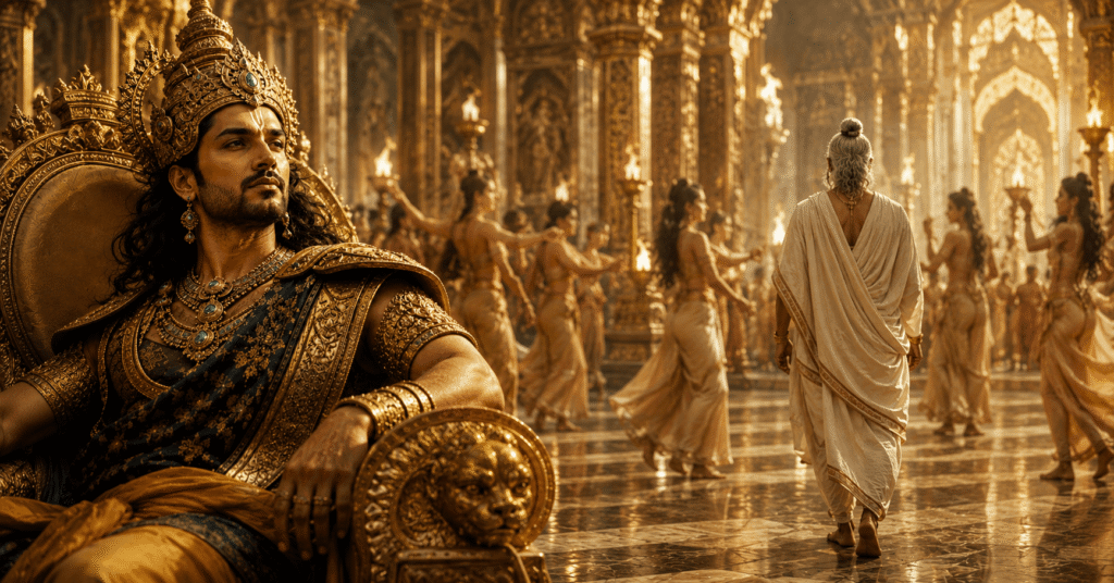 Indra on the throne of heaven turning away from his guru Brihaspati in a moment of arrogance — mythological short story illustration