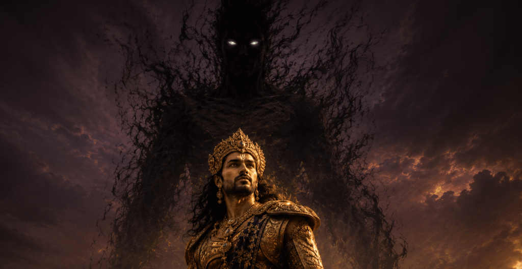 Indra fleeing through a dark sky as the shadow of Brahmahatya rises behind him — illustration for Hindu myth retelling